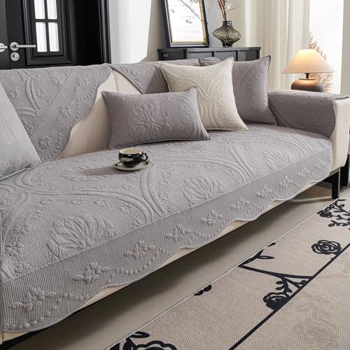 vctops Cotton Quilted Couch Cover Farmhouse Counrty Floral Embroidered Sofa Cover Non Slip Soft Scalloped Sofa Slipcover Washable Furniture Protector for Dog Pet Cat (Grey,28"x28") - color: Grey, size: 1pc/28"x28"/Square