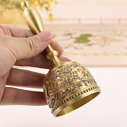 Solid Brass Hand Call Bell 4.7 Inch – Loud Dinner Bell with Elegant Carved Design & Curved Handle for Classroom, Church, School, Wedding, and Meditation