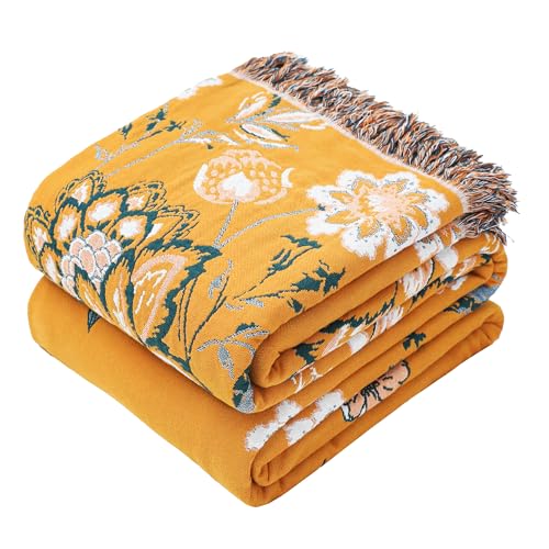 VANJOROY Boho Large Throw Blanket, 100% Organic Cotton Breathable Soft Bed Throw - Floral Bird Farmhouse Decor Blanket for Sofa Couch Chair Quilt and Gift. (Flower-Art, 91" x 98") - color: Flower-art-b, size: King (91" X 98")