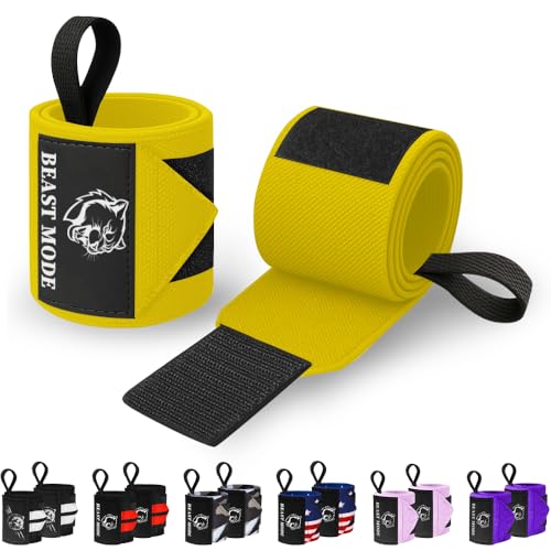 TECEUM Elastic Cotton Weightlifting Wrist Wraps with Thumb Loops, 1 Pair - color: Yellow, style: 18" – Beast Mode