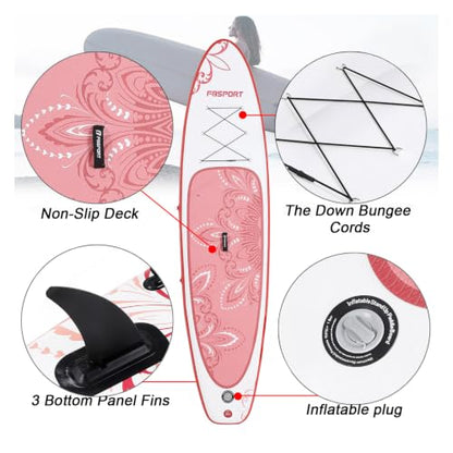 FBSPORT 11' Premium Stand Up Paddle Board, Yoga Board with SUP Accessories & Carry Bag | Wide Stance, Surf Control, Non-Slip Deck, Leash, Paddle and Pump for Youth & Adult - color: PinkWhite