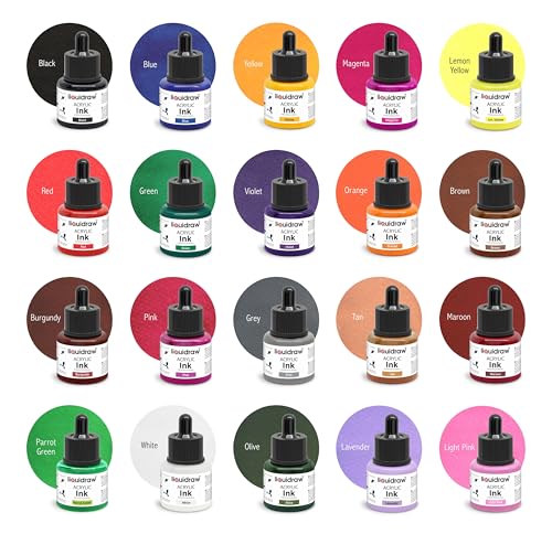 Liquidraw Acrylic Drawing Ink - 20 Assorted Colours | 35 ml Bottles with Ink Dropper | Suitable for Painting, Art Drawing & Design | for Professionals, Artists, Students & Hobbyists | Waterproof - style: Set of 20 (Assorted Colours)
