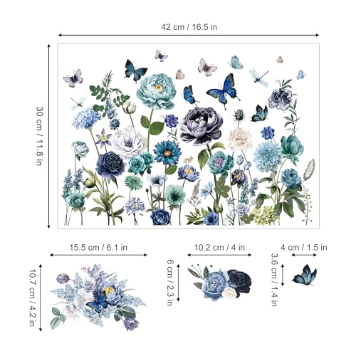 Joeyan Blue and Green Floral Rub On Transfers for Furniture and Crafts, 2 Large Design Sheets 12''x18'', DIY Home Decal on Wood Glass Metal Canvas Porcelain Paper Plastic, Flowers in The Field - style: Blue and Green Floral