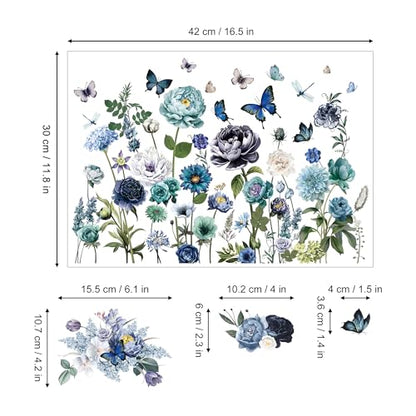 Joeyan Blue and Green Floral Rub On Transfers for Furniture and Crafts, 2 Large Design Sheets 12''x18'', DIY Home Decal on Wood Glass Metal Canvas Porcelain Paper Plastic, Flowers in The Field - style: Blue and Green Floral