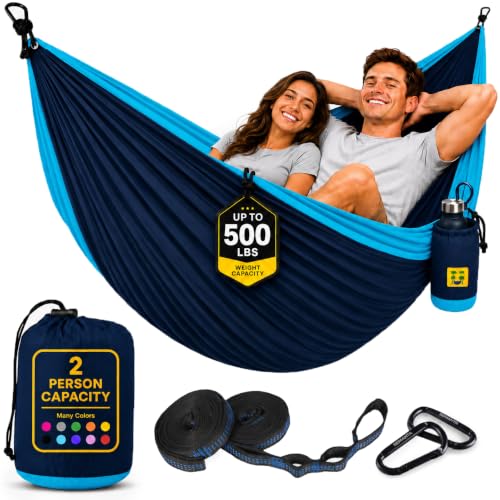Durable Hammock 500 lb Capacity, Nylon Camping Hammock Chair - Double or Single Sizes w/Tree Straps and Attached Carry Bag - Portable for Travel/Backpacking/Beach/Backyard (Large, Blue & Light Blue) - color: Blue & Light Blue, size: Large