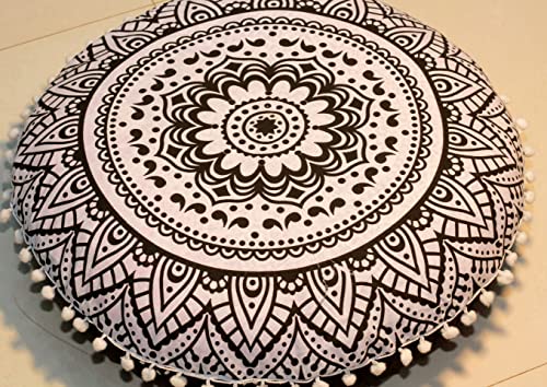 ICC 32 Inch Floor Pillows & Cushion Covers, Decorative Hippie Mandala Pouf Pillow Cover Bohemian Seating Meditation Cushion Cover, Large Boho Ottoman Case Pillowcase for Couch Round (Black Flower) - size: 32" x 32" (Pack of 1), style: Black Flower