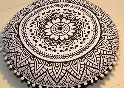 ICC 32 Inch Floor Pillows & Cushion Covers, Decorative Hippie Mandala Pouf Pillow Cover Bohemian Seating Meditation Cushion Cover, Large Boho Ottoman Case Pillowcase for Couch Round (Black Flower) - size: 32" x 32" (Pack of 1), style: Black Flower