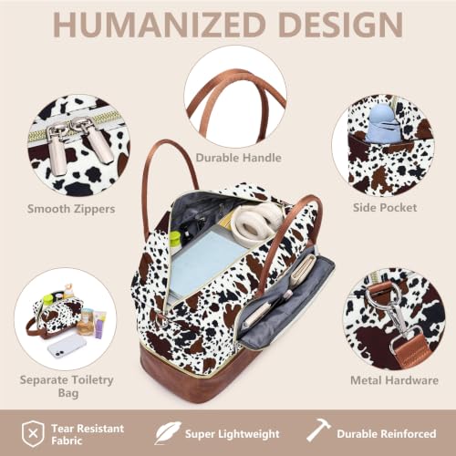 Large Women Travel Weekender Bag: Carry on Duffle with Shoe Compartment | Overnight Duffel Bags with Wet Pocket, Crossbody & Toiletry Bag, 3PCS Womens Traveling Tote Set for Hospital Gym Weekend Trip - color: Brown Cow Print