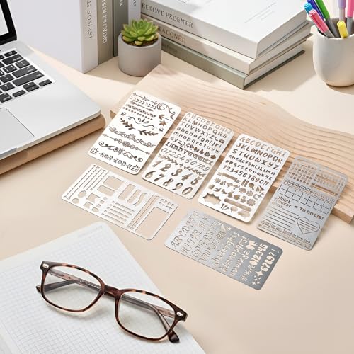 Lewtemi 6 Pcs Metal Wood Burning Stencils, Journal Style Letters Numbers | Engraving Templates for Journaling Crafts, Uppercase Lowercase Symbols, Reusable in Wood Carving Scrapbooking Projects - style: Journal Style