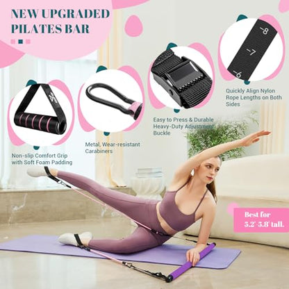 Pilates Bar Kit with Resistance Bands, Multifunctional Yoga Pilates Kit - color: Purple