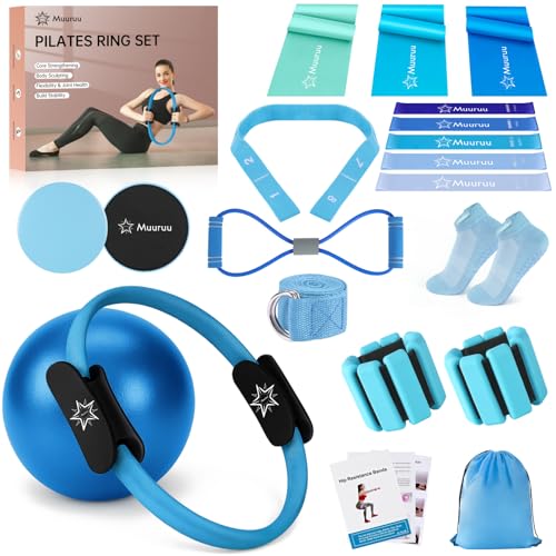 Pilates Kit Equipment, Pilates Ring and Ball for Women Home Workout | Pilates Set with 14'' Magic Circle, Wrist Weights, Resistance Bands, Yoga Strap, Socks, Bag, Essentials Accessories Kit - color: Blue
