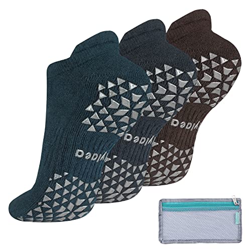 Hylaea Unisex Non Slip Socks with Grip for Yoga, Hospital, Pilates, Barre | Ankle, Cushioned - color: 1. Dark Green Dark Grey Coffee (3 Pairs), size: Large-X-Large