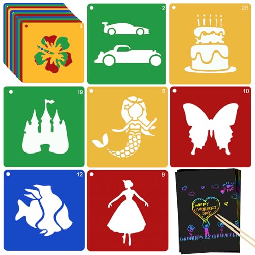 20 Pcs Stencils for Kids Stencil for Painting 8" Chalk Stencils Kids Style | Large Reusable Shape Template with 5 Pcs Scratch Paper, Sidewalk Chalk Stencil Ideal for Kids Outside Crafts Painting Drawing
