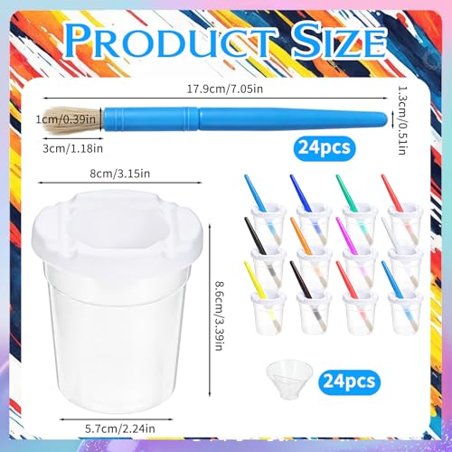 KongTiva 24 Pcs No Spill Paint Cups with Lids, Reusable Spill Proof Paint Water Cup Plastic Paint Containers with 24 Paints Brushes for Painting School Classrooms Arts Crafts Supplies