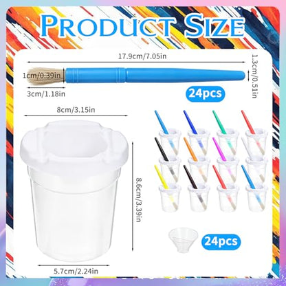 KongTiva 24 Pcs No Spill Paint Cups with Lids, Reusable Spill Proof Paint Water Cup Plastic Paint Containers with 24 Paints Brushes for Painting School Classrooms Arts Crafts Supplies