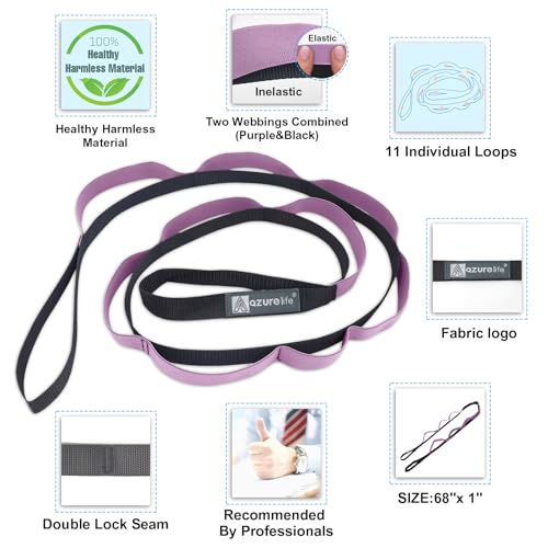 A AZURELIFE Half-Elastic Stretch Straps with 11 Loops, Stretching Strap for Physical Therapy, Multi-Loop Yoga Strap Fitness Exercise Strap for Yoga, Pilates, Dance, Flexibility&Exercise - color: Half Elastic-Purple