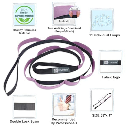 A AZURELIFE Half-Elastic Stretch Straps with 11 Loops, Stretching Strap for Physical Therapy, Multi-Loop Yoga Strap Fitness Exercise Strap for Yoga, Pilates, Dance, Flexibility&Exercise - color: Half Elastic-Purple