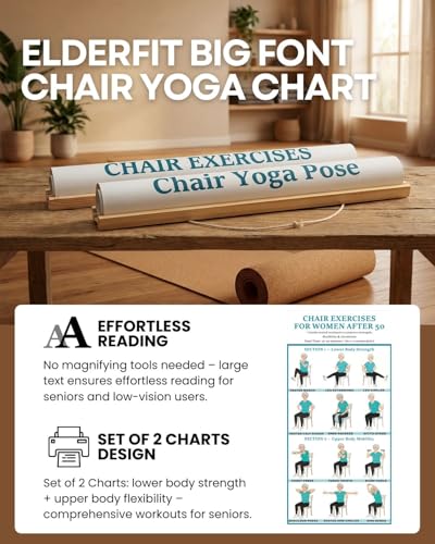 2PC-Chair Yoga & Seated Exercise Poster for Seniors & Beginners ,Extra Large Font Fabric Wall Chart with Hanging Rod & String , Durable Foldable Guide for Home/Office (Lower Body Strength & Upper Body Mobility) (off-white)
