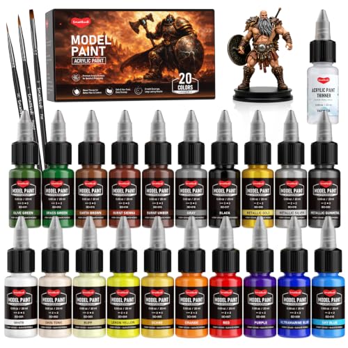Smallbudi 20 Colors Model Paint Set (20ml/0.6oz), Modeling Acrylic Paint Set with 3 Brushes and 1 Thinner for Brush Use & Airbrushing, Miniature Paint Set for Models, Gaming Figures, 3D Prints, Crafts - color: 20 Colors with 1 Thinner