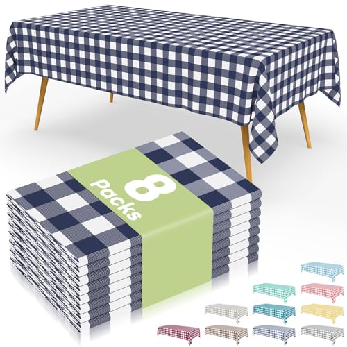 Smiry 8 Packs Gingham Disposable Table Cloth, 54 x 108 Inch Waterproof Plastic Tablecloth, Rectangle Navy and White Checkered Table Covers for Picnic, Birthday, Party - color: Navy and White, size: 54"x108" (Pack of 8)