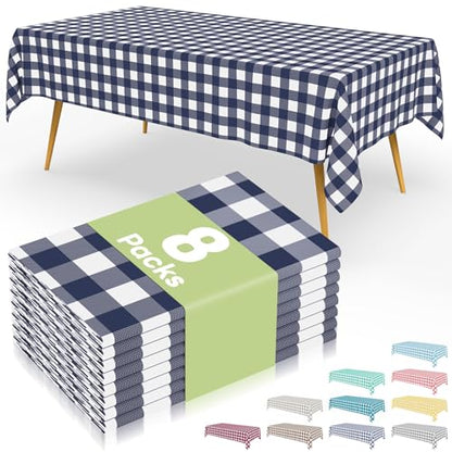 Smiry 8 Packs Gingham Disposable Table Cloth, 54 x 108 Inch Waterproof Plastic Tablecloth, Rectangle Navy and White Checkered Table Covers for Picnic, Birthday, Party - color: Navy and White, size: 54"x108" (Pack of 8)