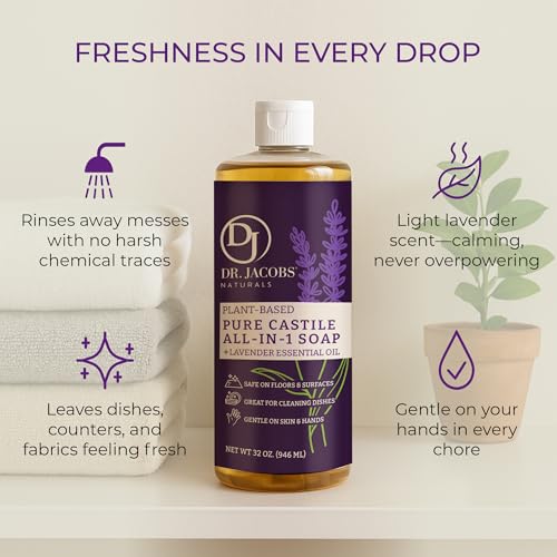 Dr. Jacobs Naturals Lavender Castile All-in-One Cleaner and Soap - Plant-Based Formula for House Cleaning Floors and Appliances - Gentle on Skin and the Planet - 32 oz, 2 Pack - size: 32 Fl Oz (Pack of 2), style: Lavender