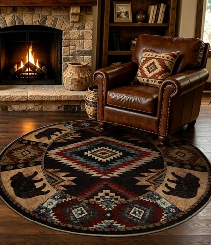 YIHOUSE Washable Western Cabin Round Rug, 4ft - color: Bear, size: 4' (Round)