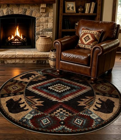 YIHOUSE Washable Western Cabin Round Rug, 4ft - color: Bear, size: 4' (Round)