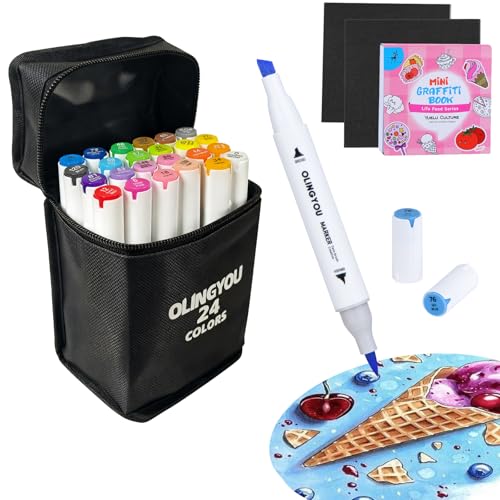 OLINGYOU 24 Colors brush tip alcohol markers,Art Marker Set | For Coloring Books, Rock, Glass, Wood, Arts & Crafts Gift, Classroom Must Haves & School Supplies - color: 24PCS