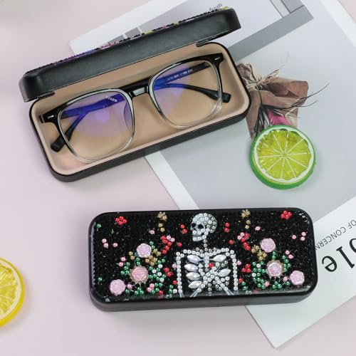 FlyingMage 5D Diamond Art Painting Kit for Adults Beginner, Small DIY Diamond Dots Gem Art Painting Mosaic Kits, Cute Hard Shell Sunglasses Eyeglasses Glasses Case for Women Teen, Flower Skull - color: Black Skull