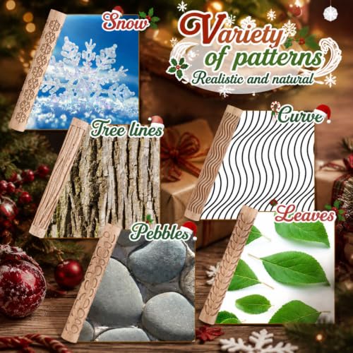 Yookeer 5 Pcs Mini Embossed Rolling Pin Set for Pottery Clay Cookies | 5.9 Inch, No Handle Design, Leaves Snowflake Pebbles Curve Tree Lines Pattern, Wood Material, Cute Kitchen Tool
