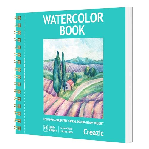 Creazic 5.5"x5.5" Square Watercolor Sketchbook (140lb/300g) - Artist-Grade Paper, Spiral Bound w/Tear Line. Compact Travel Notebook for Watercolor, Hand Lettering & Sketches - Ideal for Kids & Adults - color: Teal, size: 5.5" x 5.5" Spiral Bound