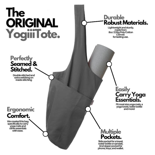 Yogiii Yoga Mat Bag | The ORIGINAL YogiiiTote | Yoga Mat Carrier Tote Sling w/Large Side Pocket & Zipper Pocket | Fits Most Size Mats - color: Ash Gray