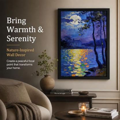 Seaofcity Moonlit Lake Landscape Wall Art, Framed Wall Art for Living Room, Night Blue Scene with Moon Reflection and Distant Cabin, Oil Painting on Canvas, Black Wood Frame, 12" W x 16" L - color: Moonlit Water Lilies, size: 16"l X 12"w