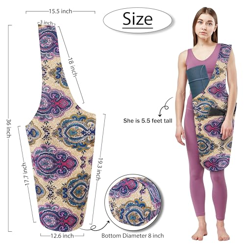 Yoga Mat Bag Yoga Tote Bag with Large Pocket and Zipper Pocket Yoga Mat Bag Carrier Fit Most Size Mats and All You Stuff - color: off white pink blue