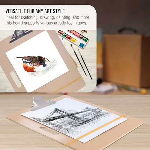U.S. Art Supply 11" x 17" Artist Sketch Tote Board - Lightweight Hardboard | Drawing Board with Handle, Clip & Rubber Band for Art, Sketching, Travel, Studio - size: 11" x 17"