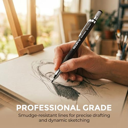 Nicpro 11 Pieces 2mm Mechanical Pencil Set, 3 PCS Carpenter Drafting Pencil 2.0 mm for Art Drawing Writing Sketching Construction with 6 Tube Pre-Sharpen HB & 2B Refill, Eraser, Sharpener - color: Black