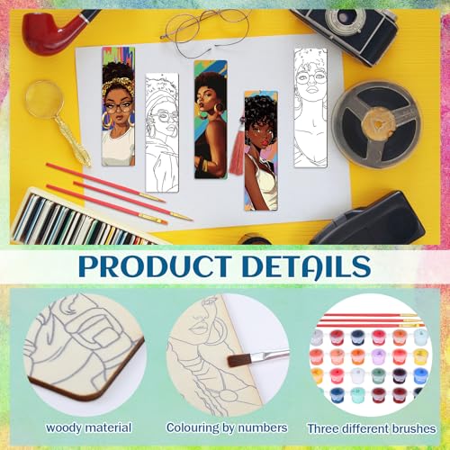 Kosiz 12 Pcs Black Women Paint by Number Kit for Adult Wood Bookmark | Mini Paint by Numbers Kit, Painting Decor, Tiny Tassels Blank Bookmarks, for Small DIY Craft Book Lovers Gift 7x2 '' - style: Black Women Theme