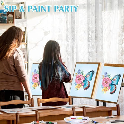 Cholemy 8 Set Paint and Sip Kit for Adults 8'' x 10'' Pre Drawn Canvas with Wooden Easels Acrylic Paint Brushes Wash Cup Palette Apron for Painting DIY Date Night Party Supplies(Butterfly) - style: Butterfly