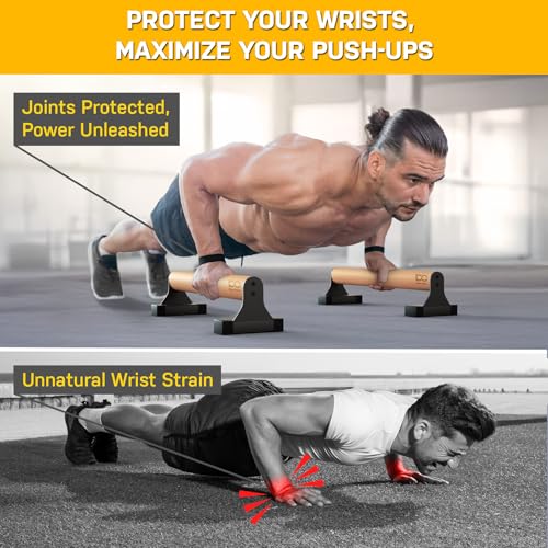 Double Circle Parallettes Push Up Bar with Ergonomic Wooden Handles - Calisthenics Equipment - Non-slip Parallel Bars for Strength Training and Calisthenics - Pushup Handles Parallettes Bars - size: 17 IN