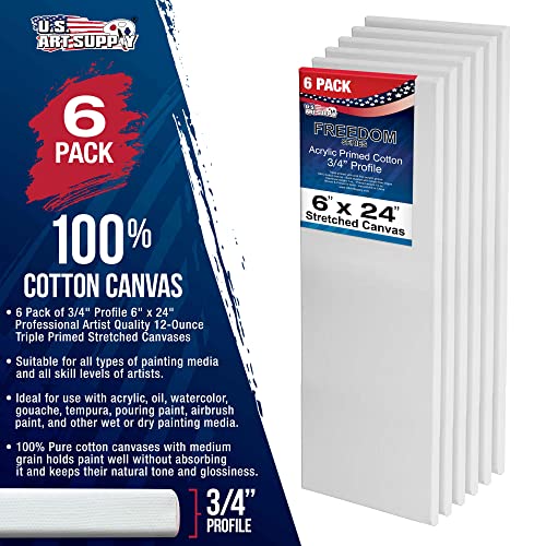 U.S. Art Supply 6 x 24 inch Stretched Canvas for Painting, 12oz Triple Primed, 6-Pack - Professional Artist Quality White Blank 3/4" Profile, 100% Cotton, Heavy-Weight Gesso - Acrylic Pouring, Oil - size: 6" x 24"