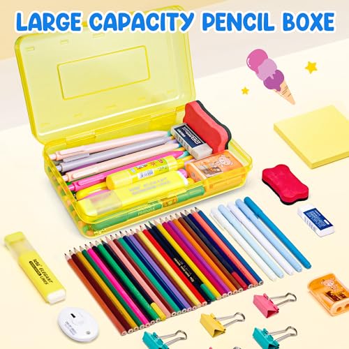 GAMENOTE Plastic Pencil Box with Personalized Sticker,Kid Hard Pencil Case with Snap-tight Lid,Small Art Craft Storage Containers,School Supplies Box for Boys,Girls (Yellow) - color: Yellow