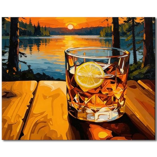 TUMOVO Adult Paint by Number Kits for Beginner Whiskey Lake Landscape | Sunset DIY Art for Home Decor, 16x20 Inch Canvas Kit with Acrylic Paints and 3 Brushes, Stress-relief Painting Kit - color: Whiskey