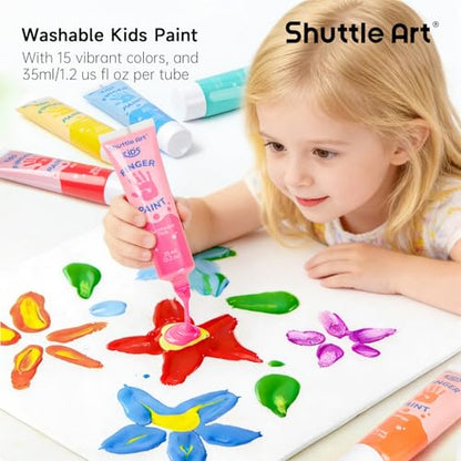 Shuttle Art Washable Finger Paint for Toddlers, 15 Vibrant Colors (1.2 fl oz) Toddler Paint, Non-Toxic Finger Painting for Toddlers 1-3, Kids Arts and Crafts
