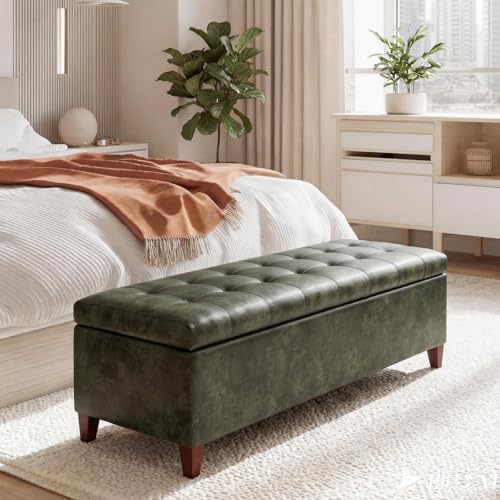 Joveco Storage Ottoman Bench, 51 Inch Tufted Leather Rectangle Bench for End Foot of Bed, Bedroom, Living Room, Deep Green - color: 51", Deep Green