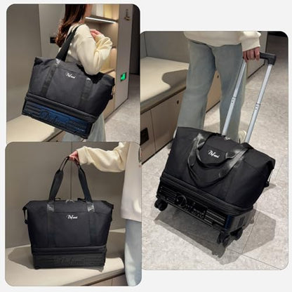 Expandable Rolling Travel Bag with Removable Wheels & Handle, Large Capacity Wheeled Duffle Tote, Foldable Carry On Luggage for Women, Lightweight Weekender Overnight Bag (Black) - color: Black