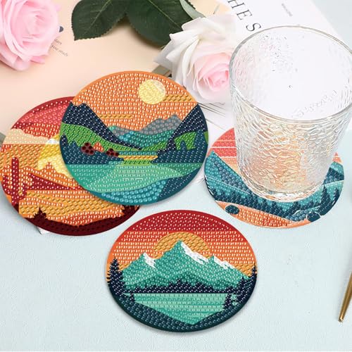 Clendo 8 Pcs Landscape Diamond Art Coasters Kit with Holder, Sunset Small Diamond Art Kits for Adults Beginners, Diamond Painting Coasters Arts and Crafts for Adults Supplies Item Sets - color: Bdwy299-us