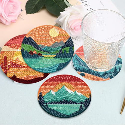 Clendo 8 Pcs Landscape Diamond Art Coasters Kit with Holder, Sunset Small Diamond Art Kits for Adults Beginners, Diamond Painting Coasters Arts and Crafts for Adults Supplies Item Sets - color: Bdwy299-us