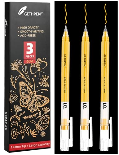 GETHPEN Gold Gel Pen Set, Opaque Archival Ink 1mm for Black Paper Drawing | Archival Opaque Gold Gel Ink Pens, Fine Point, for Artists, Black Paper Drawing, Sketching, Illustration, Card Making, 3 Pack - size: 1.0 mm, style: 3 Pack Gold