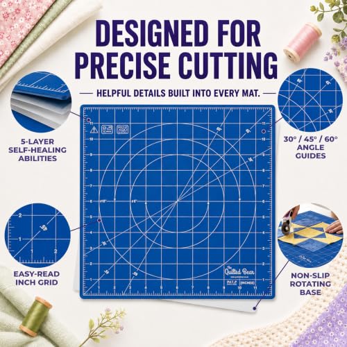 The Quilted Bear 18" x 18" Rotating Self-Healing Cutting Mat, Blue | Square Mat, 360° Rotation, Locking Mechanism, 5-Layer Surface, Non-Slip Base, Clear Inch Grid & Angle Guides for Quilting - color: Blue, size: 18"L x 18"W